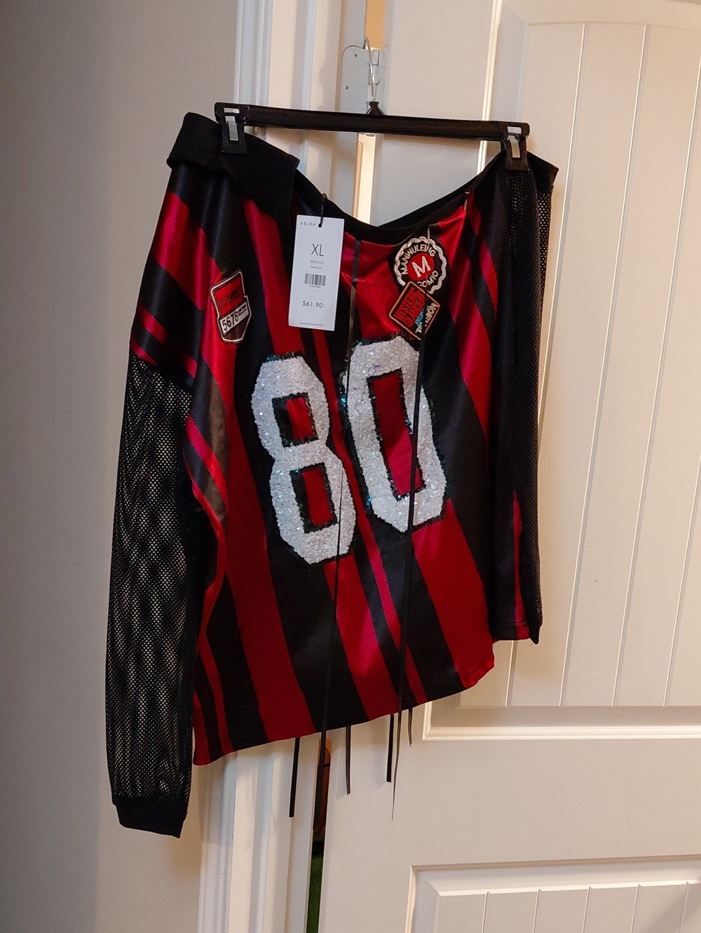 Women's Red & Black Striped Sequin Number Top - XL